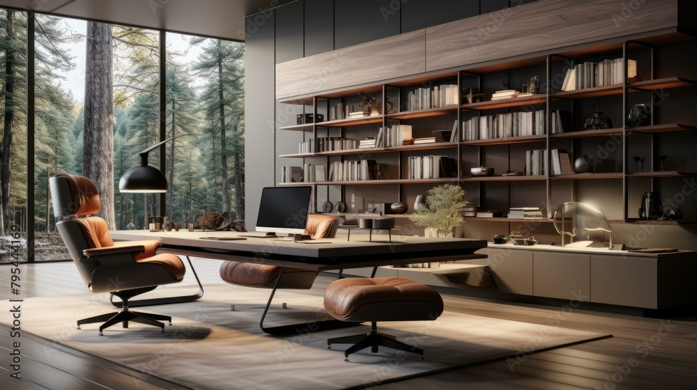 b'Modern home office with large windows and a view of the forest'