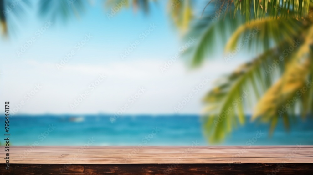 Wooden table surface with sea view and palm leaves. Calm sea and sky at beach background Wooden table surface with sea view and palm leaves. Calm sea and sky at beach background