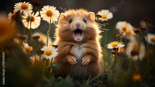 b'Surprised Hamster in a Field of Flowers' photo