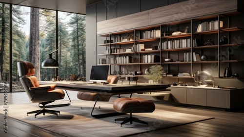 b'Modern home office with large windows and a view of the forest' © Adobe Contributor