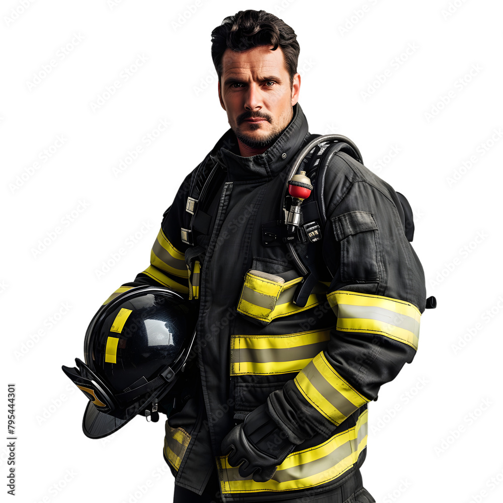 A firefighter in full gear holding a helmet under the arm, standing confidently, on a transparent background. A firefighter in full gear holding a helmet under the arm, standing confidently, on a transparent background.