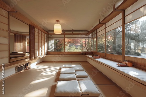 b'A traditional Japanese room with tatami mats and\xe9\x9a\x9c\xe5\xad\x90fusuma' photo