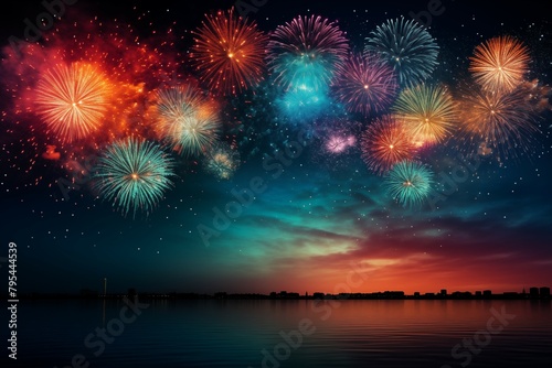 beautiful colorful fireworks on drak sky background © kenkuza