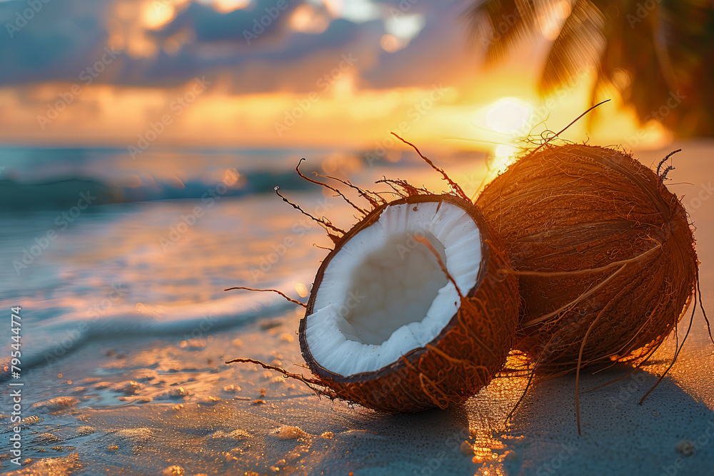 Tropical sunset with coconuts on beach Tropical sunset with coconuts on beach