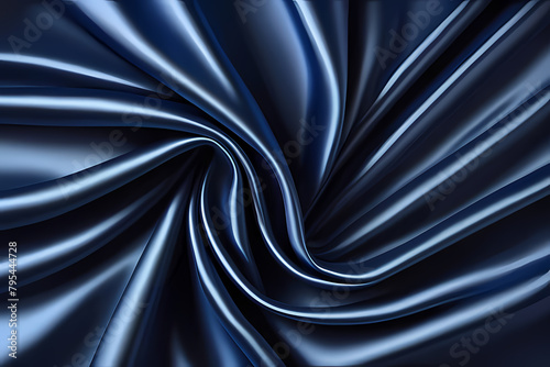 Blue silk fabric luxury background. Wavy abstract satin cloth texture pattern. Smooth shiny drape material curtain.