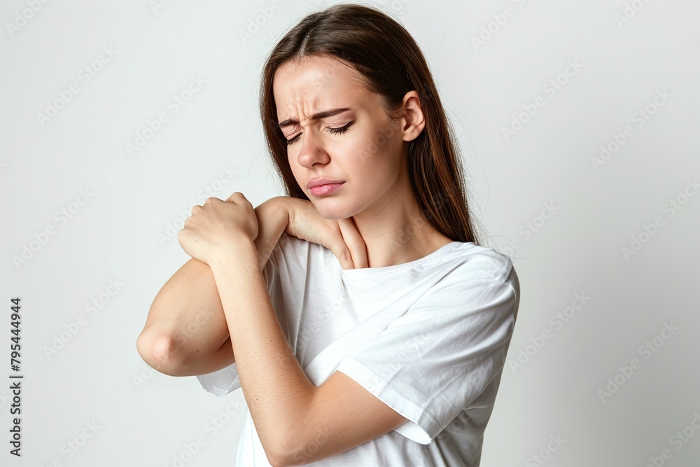 Woman with pain in shoulder, upper arm. Human body health problem banner. Female person is enduring awful ache. Upset lady with muscle, nerve pain symptoms holding a hand on painful zone injured point Woman with pain in shoulder, upper arm. Human body health problem banner. Female person is enduring awful ache. Upset lady with muscle, nerve pain symptoms holding a hand on painful zone injured point