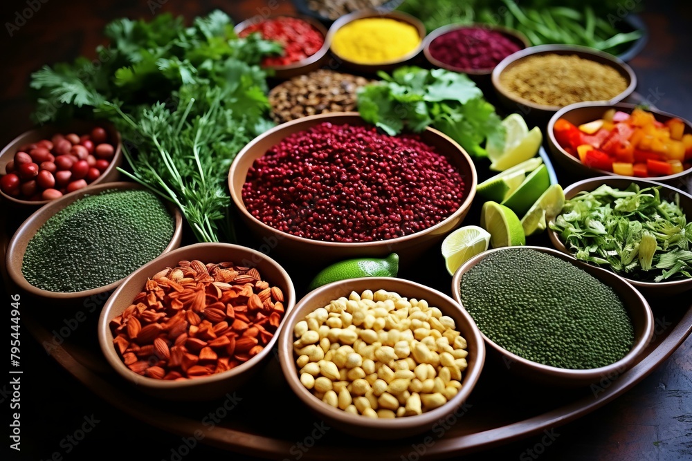 b'A variety of spices and nuts are arranged in bowls on a wooden table.'