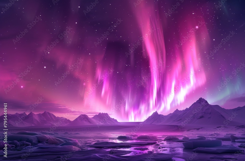 A beautiful purple sky with auroras and stars. The sky is filled with a sense of wonder and awe