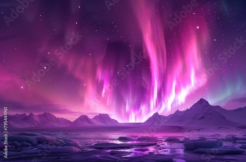 A beautiful purple sky with auroras and stars. The sky is filled with a sense of wonder and awe © AW AI ART