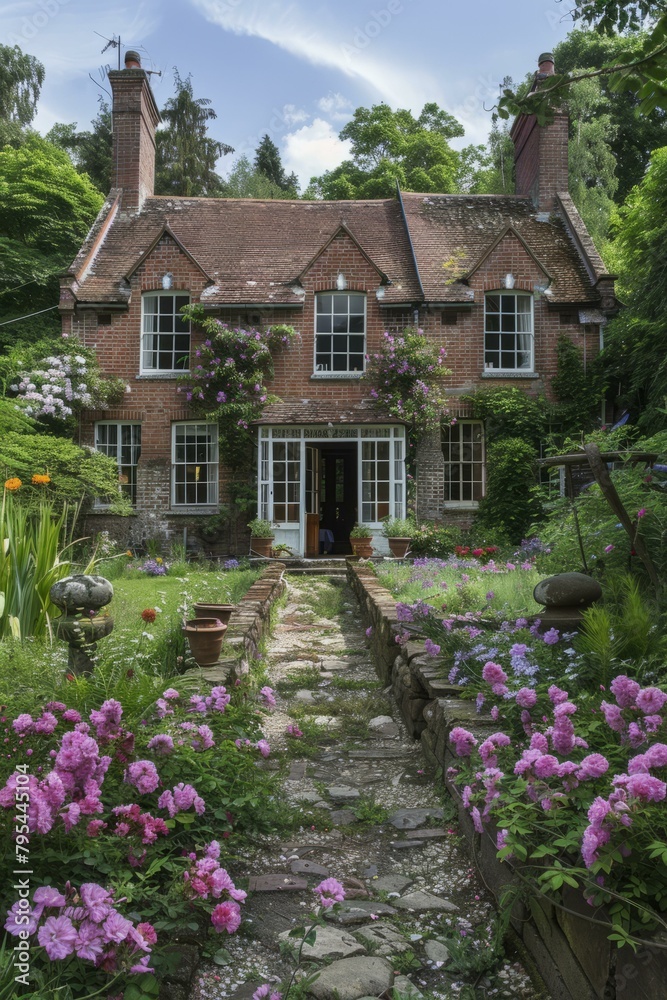 b'English country cottage with garden in bloom'