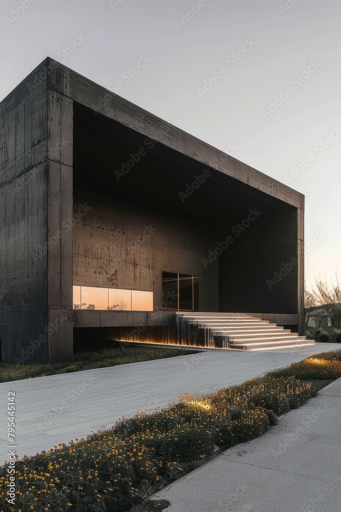 b'Black concrete building with a large open entrance' b'Black concrete building with a large open entrance'