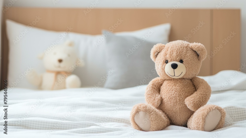 b'A cute teddy bear sitting on a bed with a white teddy bear in the background'
