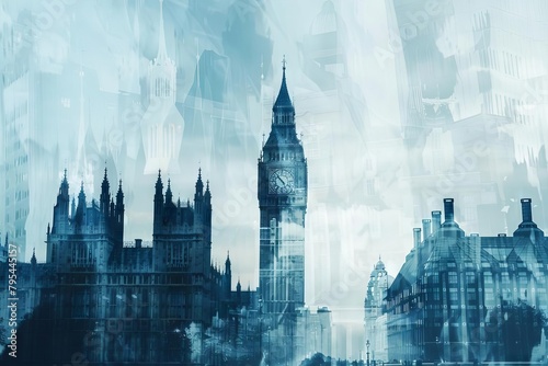 minimalist london cityscape with big ben double exposure contemporary collage illustration photo