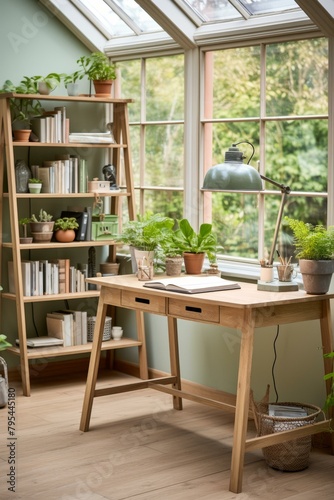 b'A wooden desk and a green lamp in a home office'