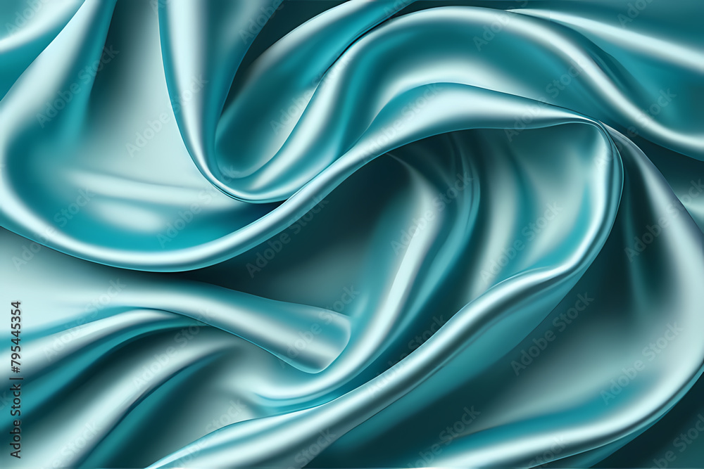 Blue silk fabric luxury background. Wavy abstract satin cloth texture pattern. Smooth shiny drape material curtain.