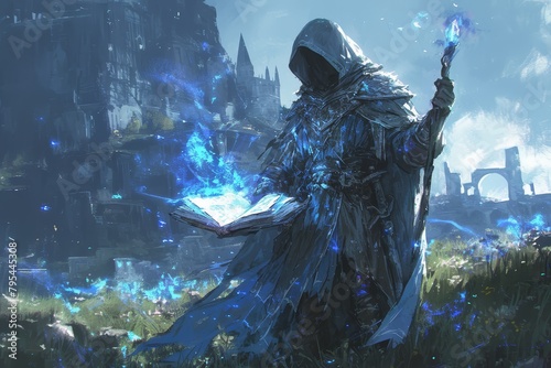 a wizard holding an open book with blue glowing energy coming from it, standing in front of dark fantasy castle ruins, hooded robe and white beard, dark background photo