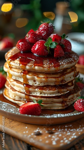 b'A stack of pancakes with strawberries and syrup' photo