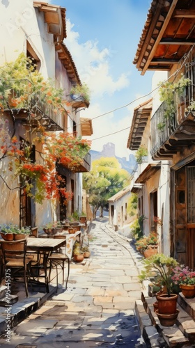 b'A beautiful narrow street with colorful houses and flowers'
