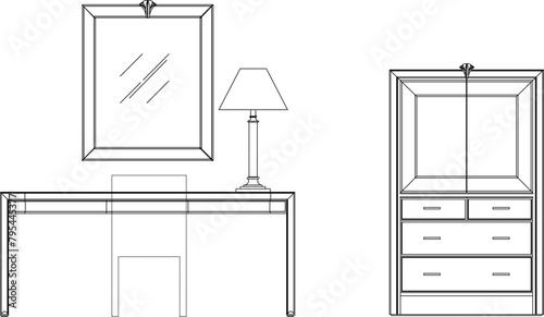 Vector sketch illustration design drawing of dressing table cupboard in bedroom