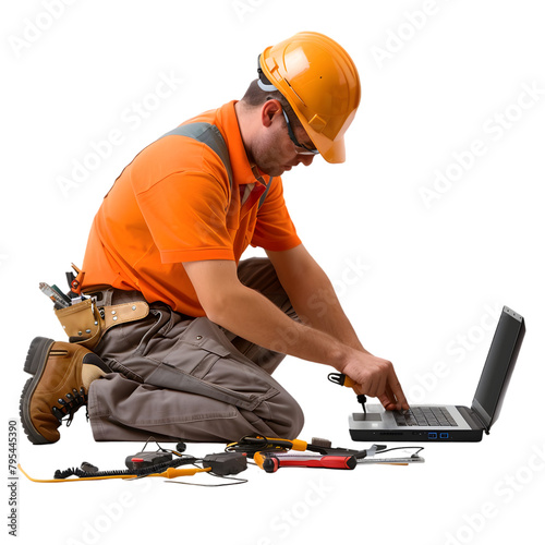 A computer technician with tools and a laptop, engaging in repairs, on a transparent background