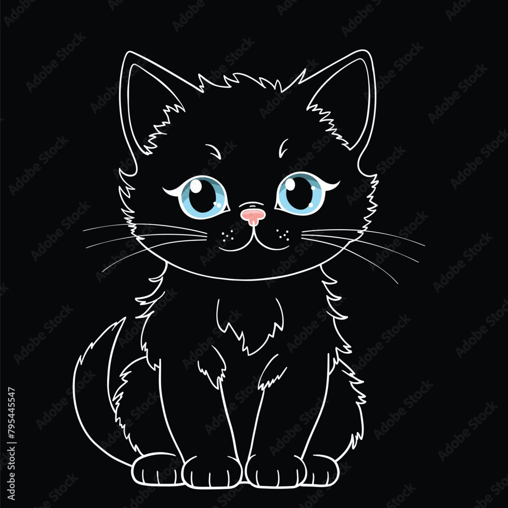 Cute black kitten hand drawn cartoon vector illustration, sketch for t-shirt graphics, fashion prints and other uses