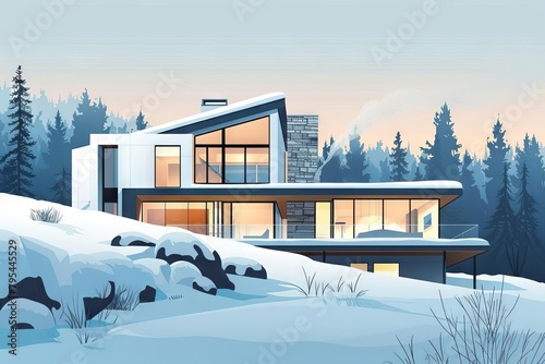 modern mountain home with large panoramic windows architectural exterior illustration