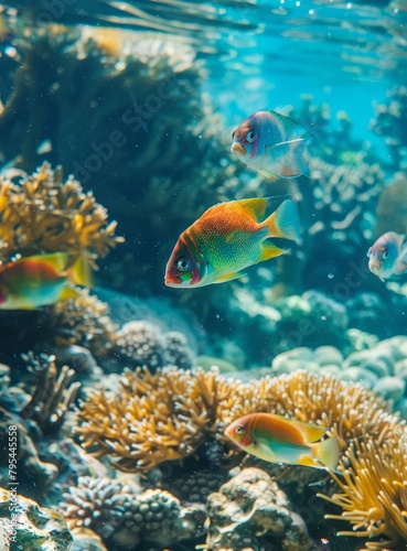 b'Underwater view of a coral reef with various species of fish swimming around'