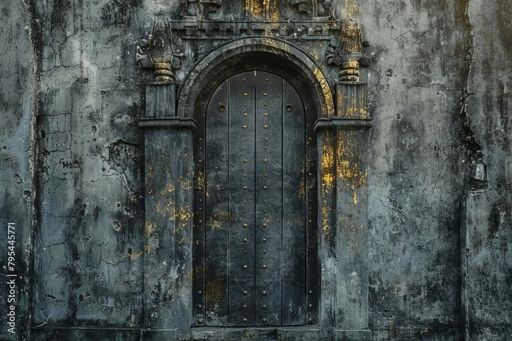 mysterious ancient portal with golden accents on weathered concrete wall abstract background