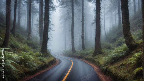 Enigmatic Journey, A Straight Road Winding Through the Mystical Depths of a Foggy Forest.