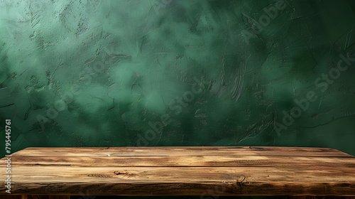 An empty wooden table with green background, representing simplicity and tranquility. Perfect for interior design inspiration or minimalistic lifestyle blogs.