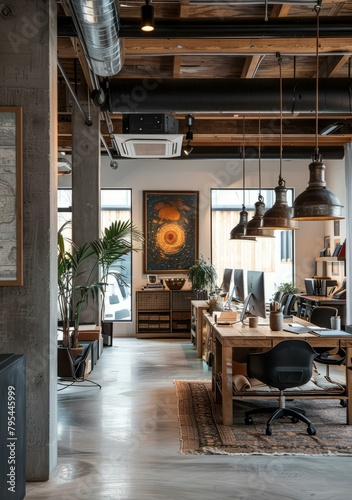 b'Modern industrial office space with exposed beams and ductwork' photo