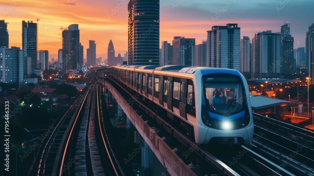 Moving train against the background of a skyscraper