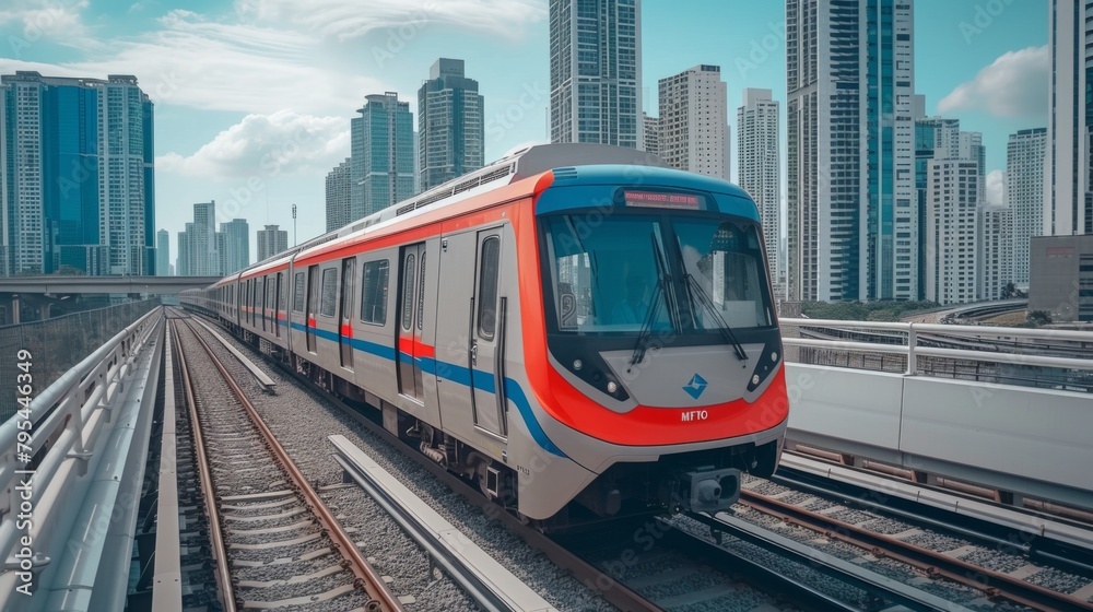 Moving train against the background of a skyscraper Moving train against the background of a skyscraper