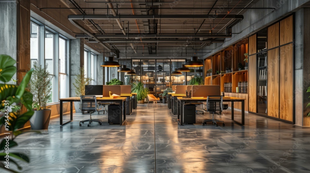 b'Modern office interior with large windows, plants, and wooden furniture' b'Modern office interior with large windows, plants, and wooden furniture'