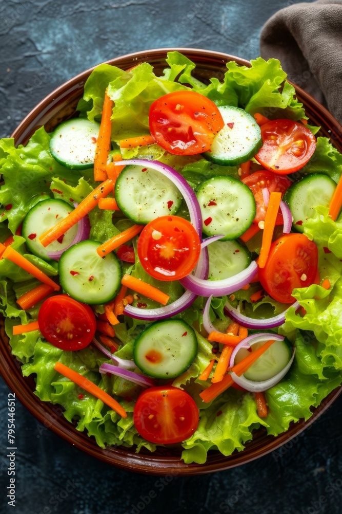 b'Fresh tomato and cucumber salad with lettuce and carrots'