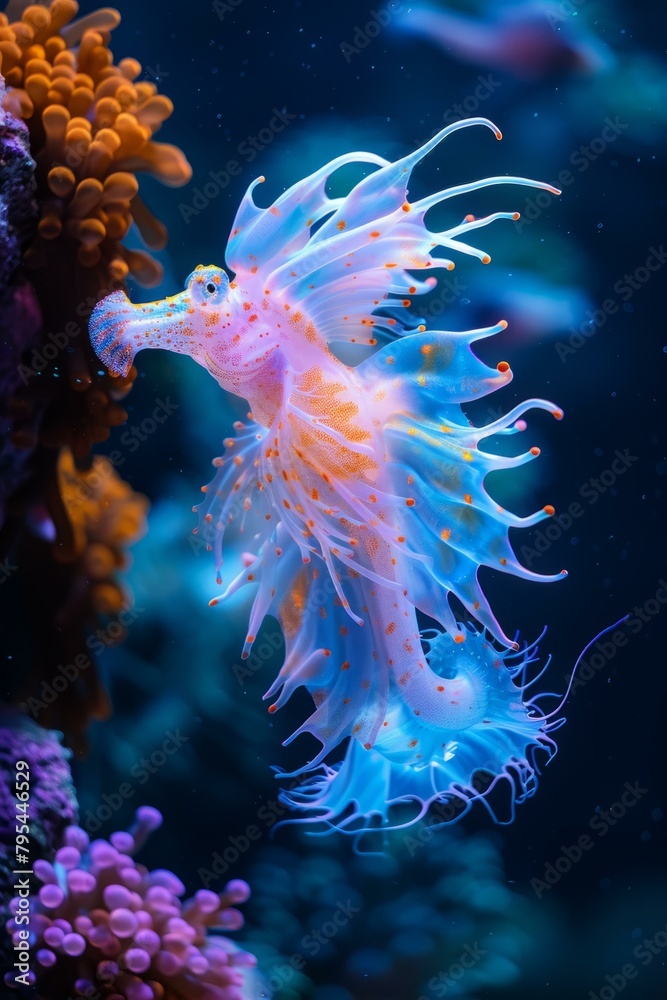 b'A beautiful and unique leafy seadragon swimming in the ocean.' b'A beautiful and unique leafy seadragon swimming in the ocean.'