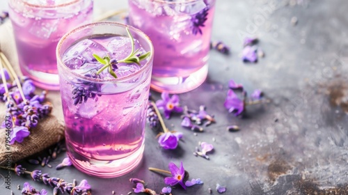 Three Glasses With Purple Liquid and Lavender Flowers