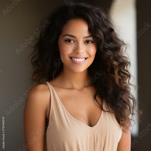 b portrait of a beautiful young woman with long dark curly hair smiling wearing a tan colored dress 
