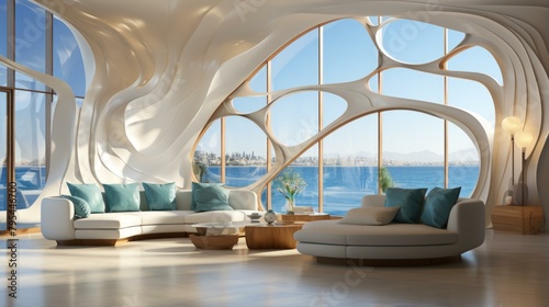 b'Futuristic interior design living room with large windows and curved walls' © Adobe Contributor