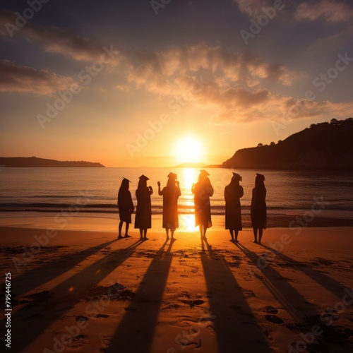 b'Female graduates in caps and gowns celebrate on beach at sunset'