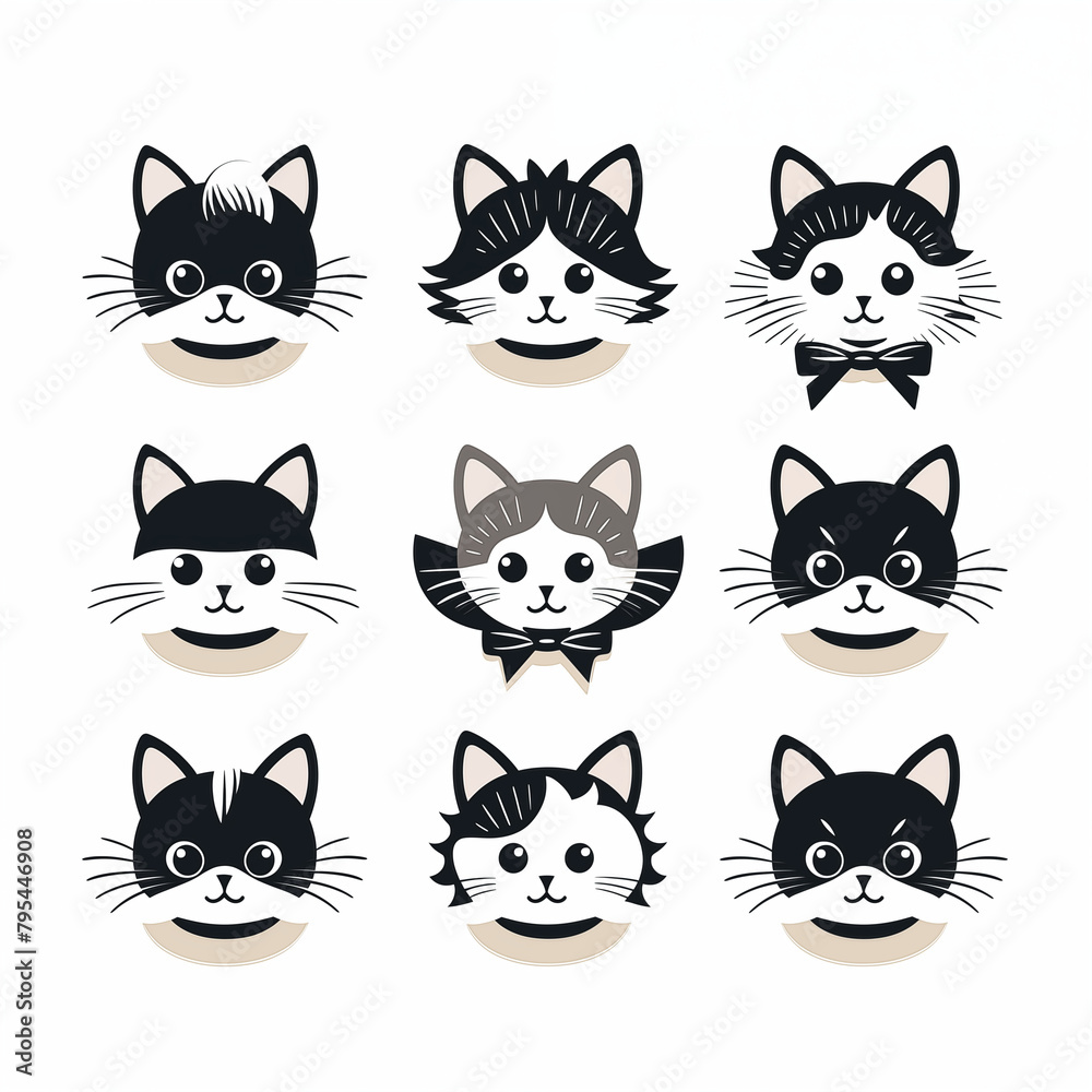 set of cat heads logo on white background, clipart bundle kawaii cats cute and funny 2d flat lay animals