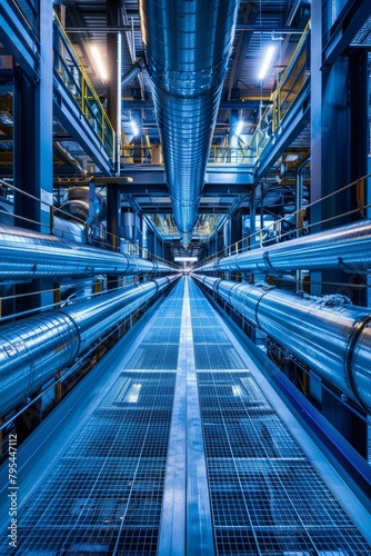 b'Blue industrial pipes and a long walkway' © Adobe Contributor