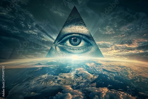 ominous illuminati eye pyramid looms over globe symbolizing conspiracy theories and new world order conceptual image photo