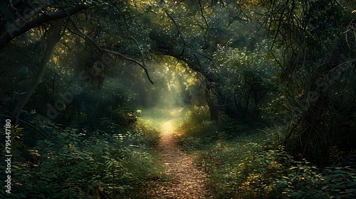 A mysterious woodland path, dappled with the drowsy glow of twilight, leading into the heart of an ancient forest. photo