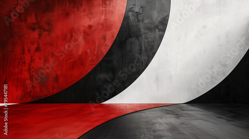 Abstract concept of curved white, black, and red panels. Generative AI