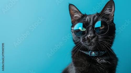 Stylish black cat donning round blue sunglasses against a vibrant turquoise background, Concept of quirky animal portraits and modern pet fashion photo