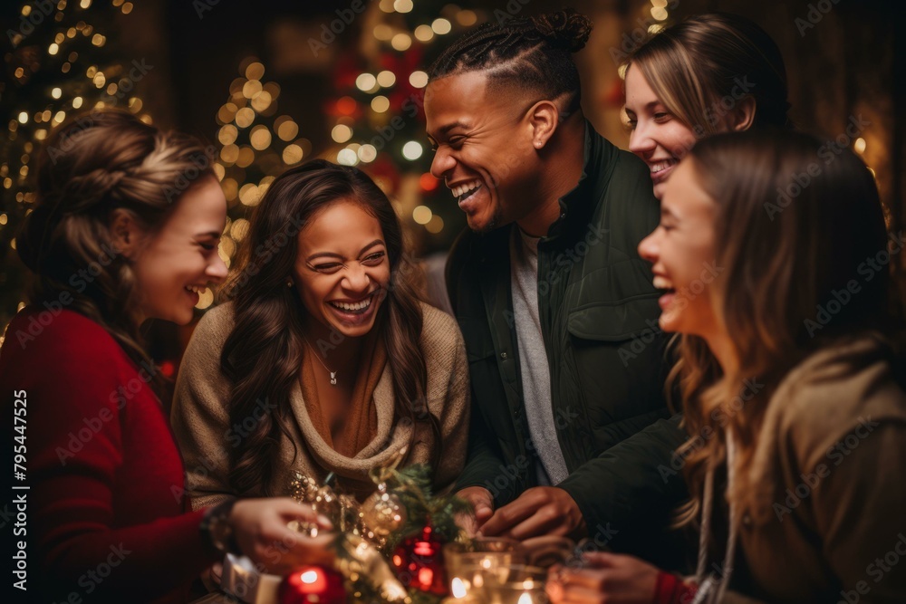 b'A Group of Multiethnic Friends Laughing Together During Christmas' b'A Group of Multiethnic Friends Laughing Together During Christmas'
