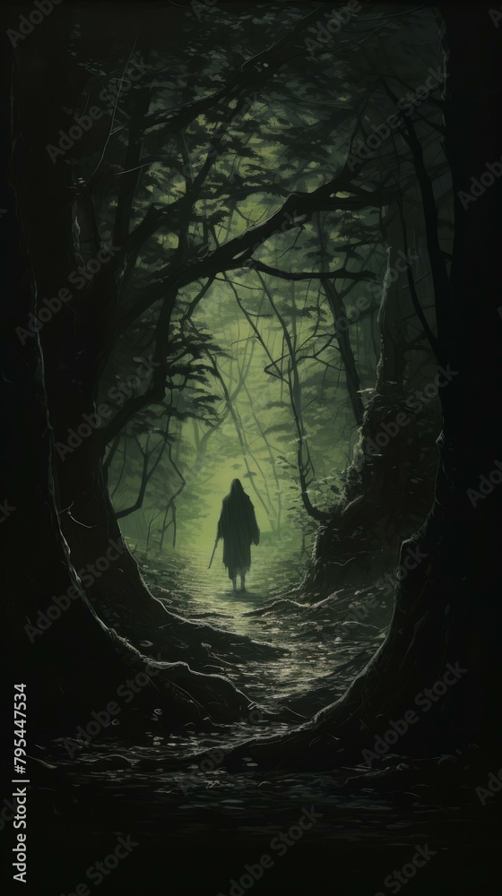 b'An illustration of a dark figure walking through a forest'
