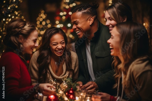 b'A Group of Multiethnic Friends Laughing Together During Christmas'