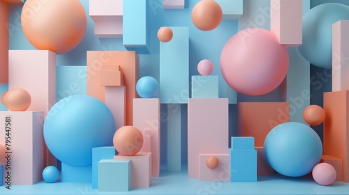 b'3D rendering of geometric shapes with balls and blocks in pastel colors'